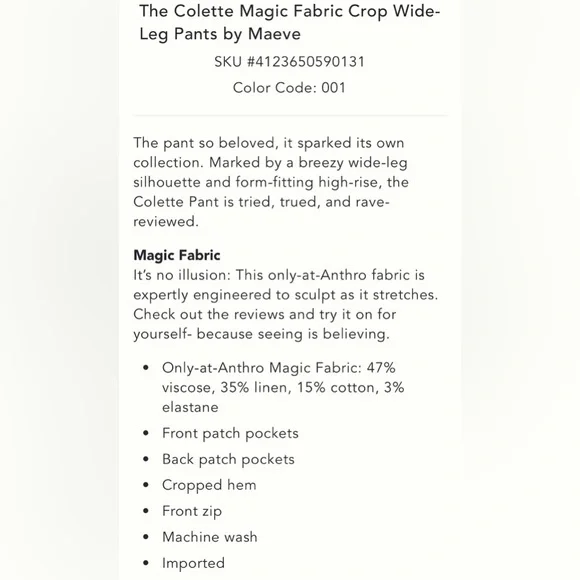 MAEVE ANTHROPOLOGIE The Colette Magic Fabric Crop Wide-Leg Pants Black 31T Tall - Picture 14 of 14